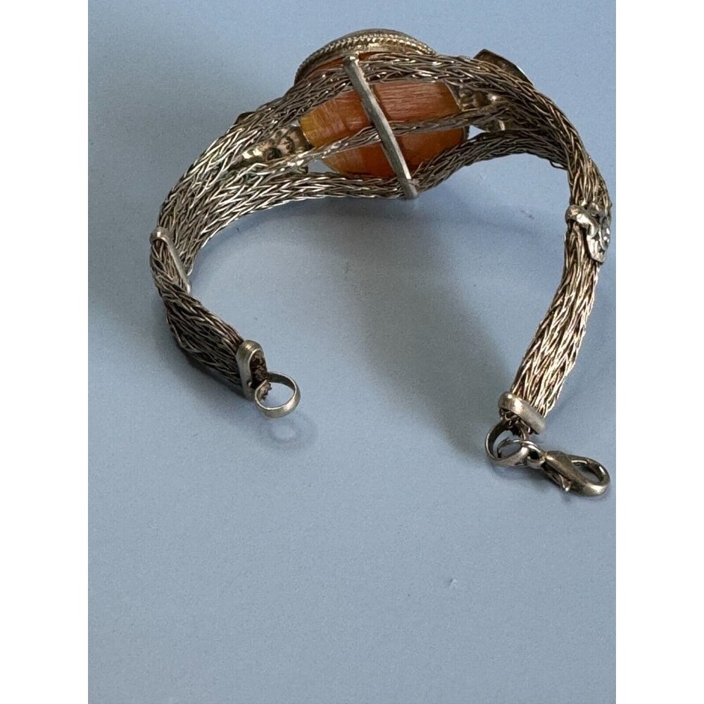Tibetian Copal Silver Inlay Beeswax Amber Mesh Strand Bracelet - Picture 7 of 8